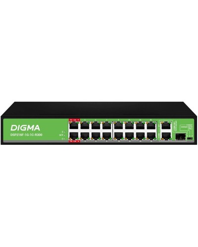 DSP216F-1G-1C-R300 (L2) 16х100Мбит/с 1х1Гбит/с 1хКомбо(1000BASE-T/SFP) 16PoE 16PoE+ 2PoE++ 300W. Коммутатор с питанием по PoE. Digma в Смоленске