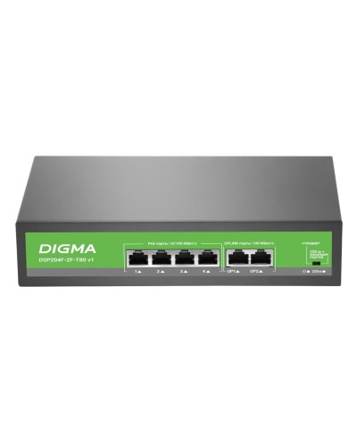 DSP204F-2F-T80 DSP204F-2F-T80 V1 (L2) 6х100Мбит/с 4PoE 4PoE+ 80W. Коммутатор с питанием по PoE. Digma в Смоленске