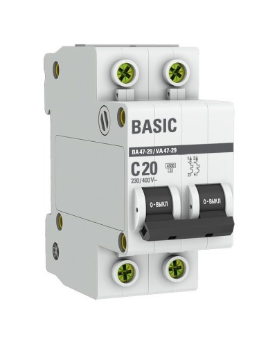 Автоматический выключатель 2P 20А (C) 4,5кА ВА 47-29 Basic (mcb4729-2-20C). Автоматический выключатель. EKF в Смоленске