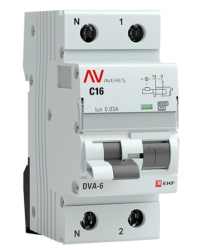 DVA-6 1P+N 16А (C) 30мА (A) 6кА  AVERES (rcbo6-1pn-16C-30-a-av). Автоматический выключатель дифференциального тока. EKF в Смоленске