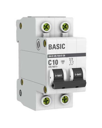 Автоматический выключатель 2P 10А (C) 4,5кА ВА 47-29 Basic (mcb4729-2-10C). Автоматический выключатель. EKF в Смоленске