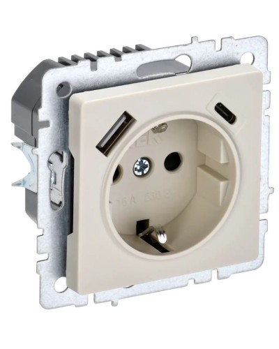 Розетка с з/к с USB A+C 18Вт РЮш11-1-БрКр бежевый BRITE (BR-R14-16-U22-018-K10). Розетка с заземлением с защитными шторками, 18Вт. IEK в Смоленске