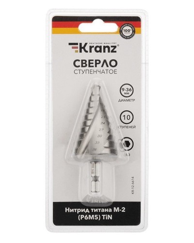 Сверло по металлу ступенчатое ТИТАН 9,0-36,0 мм 110 mm 65 HRC Р6М5 TiN Kranz (KR-12-6614): Сверло по металлу шлифованное в Смоленске
